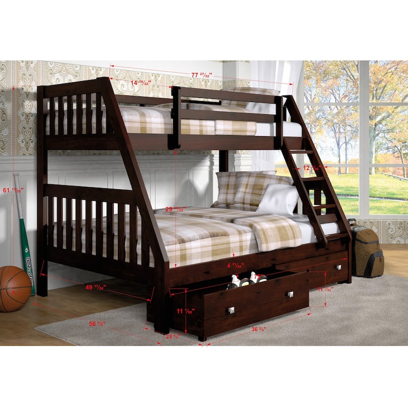 Donco Kids Mission-Style Dark Cappuccino Twin-over-Full Bunk Bed with 2 Storage Drawers