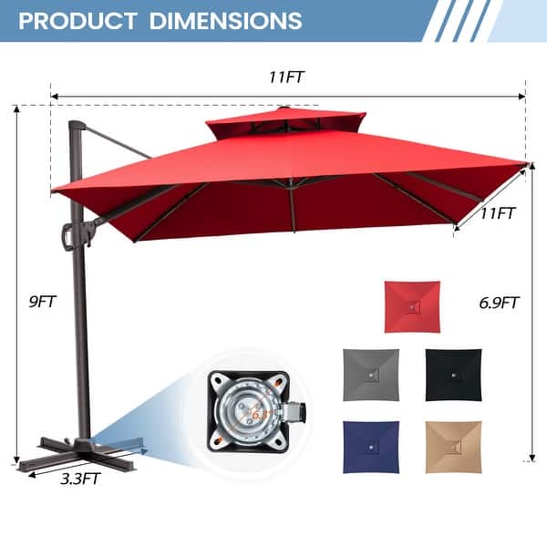dimension image slide 5 of 9, 11 x 11 FT Outdoor Square Patio Cantilever Offset Umbrella with Crank and 360 Degrees Rotation