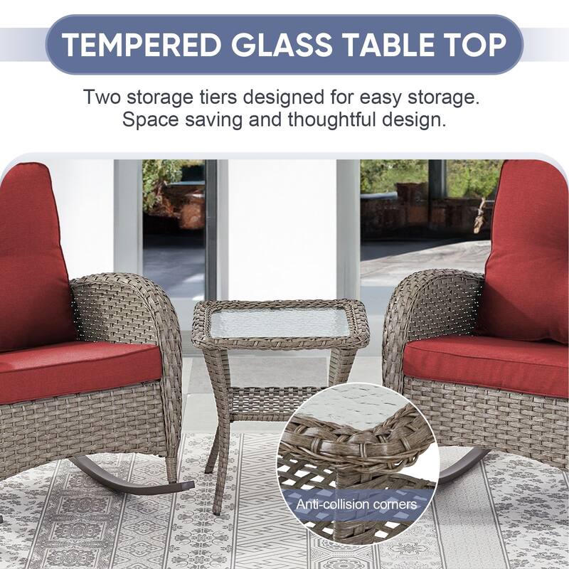 PlainCurve 3-Piece Wicker Outdoor Patio Conversation Set with Rocking Chairs and Olefin Cushions
