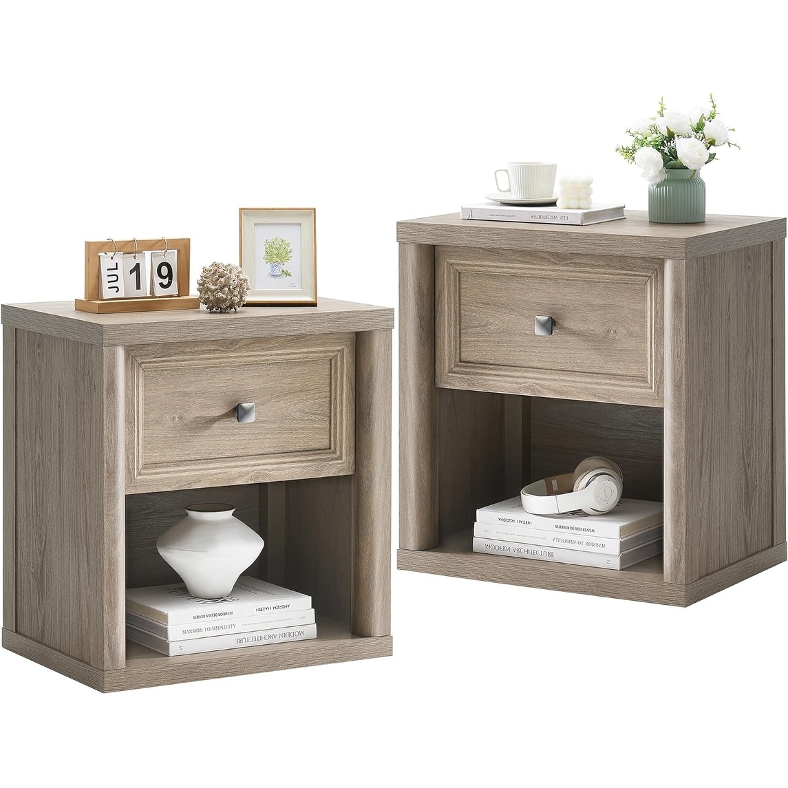 Modern Farmhouse Nightstand Set of 2 with Drawer and Open Storage, Wooden Bedside Table for Bedroom or Living Room