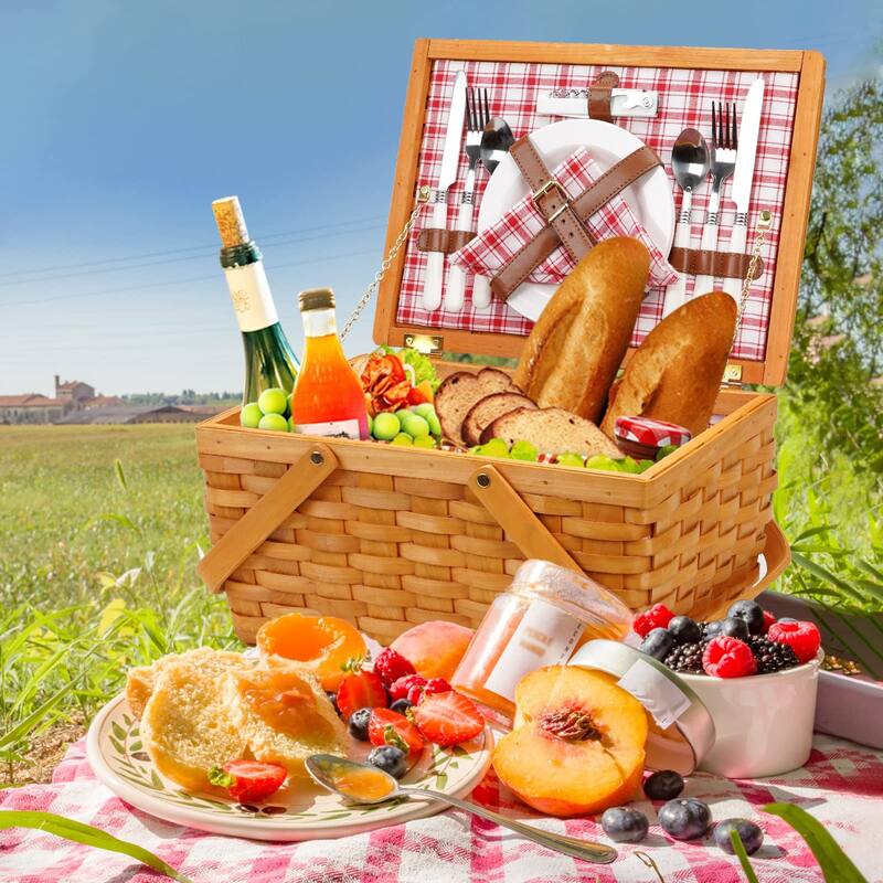 Picnic Basket Set for 2 Persons, Woven Woodchip Basket with Folding Handles & Lid, Red and White Gingham Lining Basket