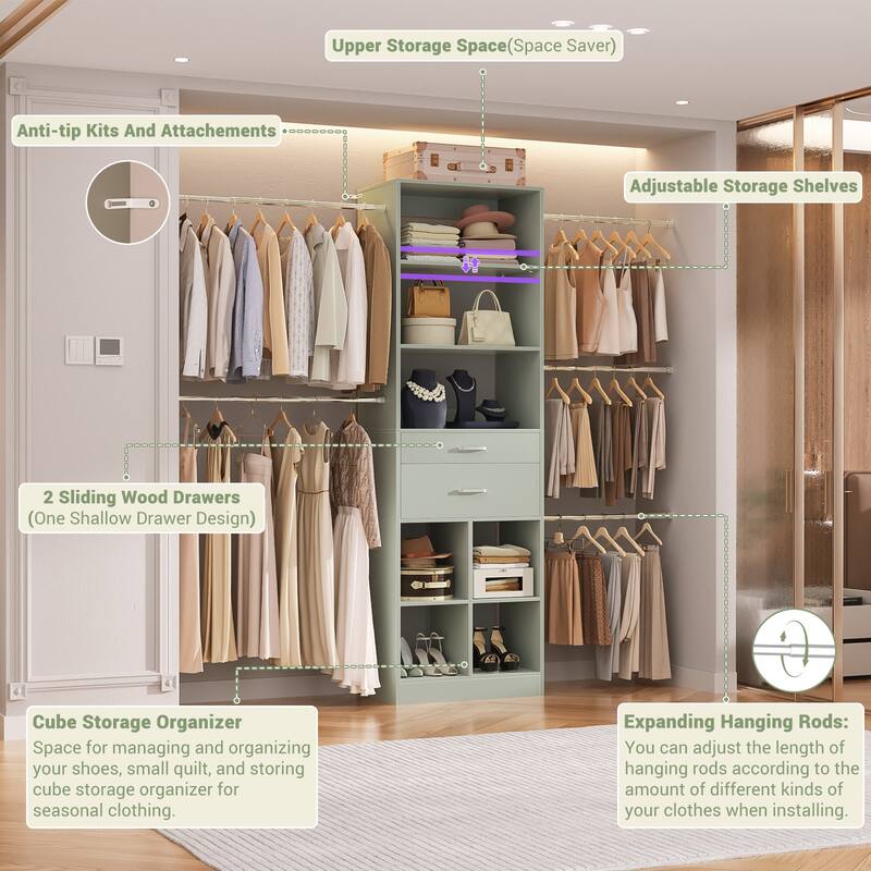66''-100'' Walk-in Closet Organizer with 5 Hanging Rods and 2 Wooden Drawers，4-8FT Sturdy Closet System with Storage Shelves