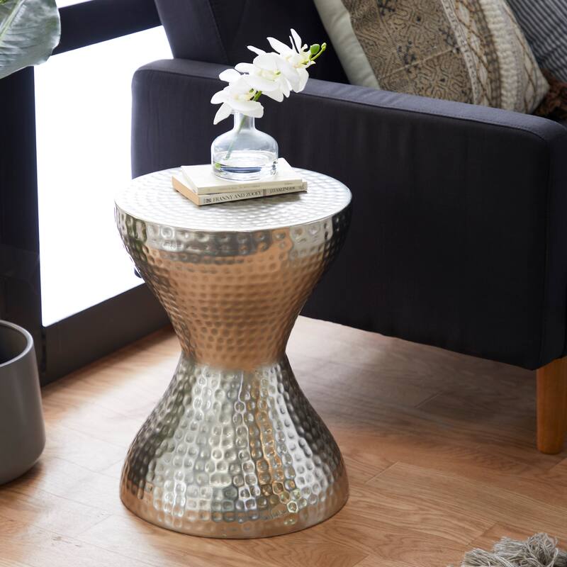 Metal Hammered Accent Table with Hourglass Shape - Silver, Gold or Bronze - Roche River Decor