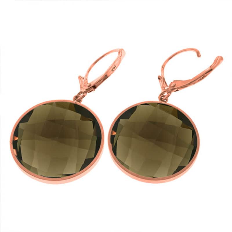 14K Solid Gold Leverback Gemstone Earrings Round Smoky Quartz