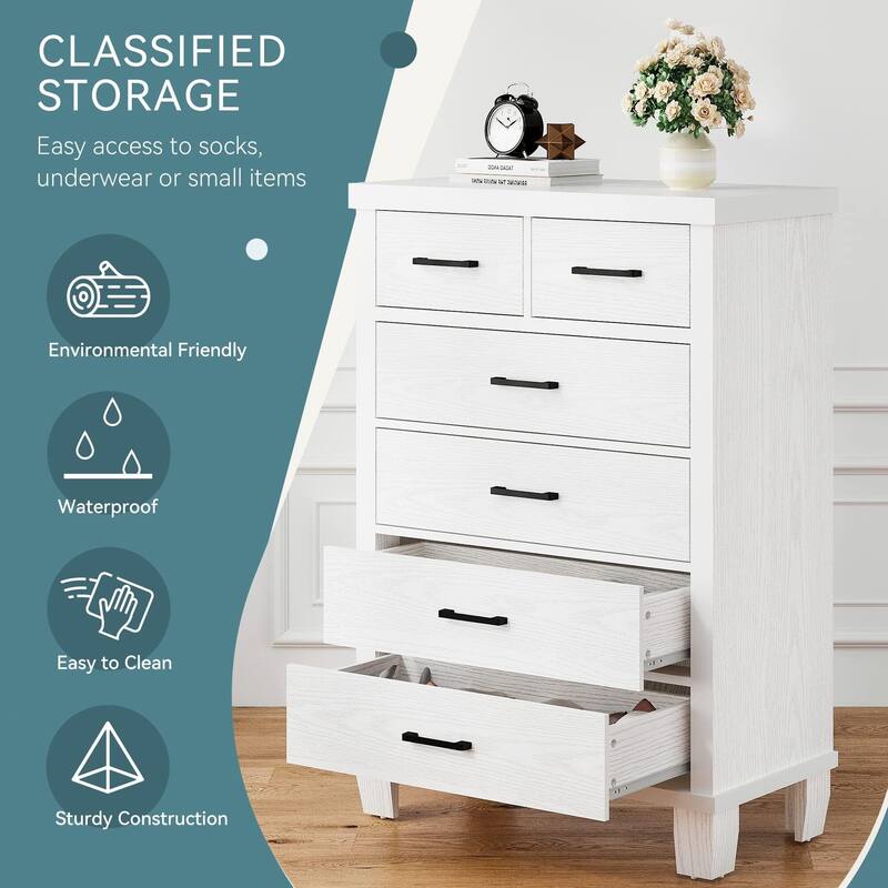 Dresser for Bedroom with 6 Drawers, 45" Tall White Chests of Drawers with Storage, Large Drawer Dresser for Closet