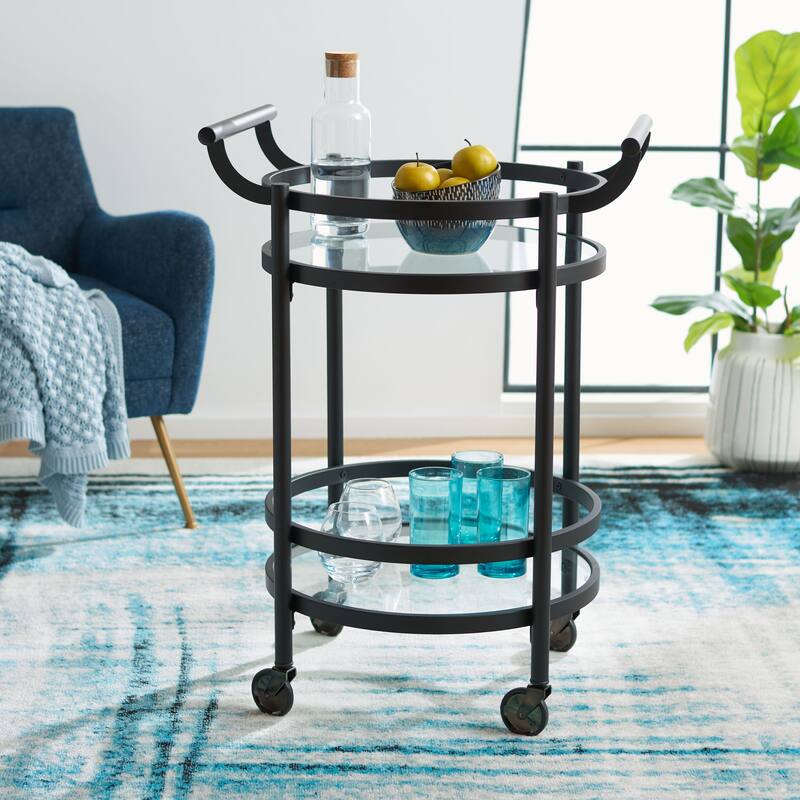 SAFAVIEH Sienna 2 Tier Round Bar Cart-Black Nickel / Glass. - 24" W x 20" D x 34" H