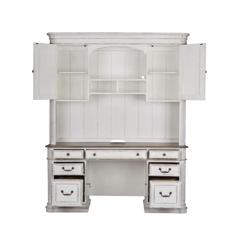 Magnolia Manor Antique White Weathered Bark Credenza & Hutch