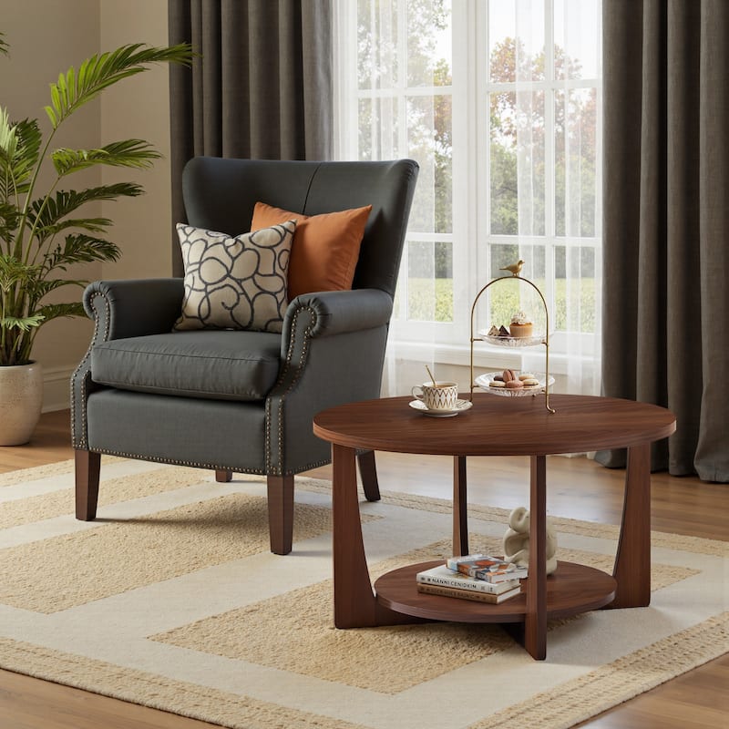 31.5" Round Coffee Table with Solid Wood Legs and 2-Tier Storage - 31.5"Dia x 17.72"H