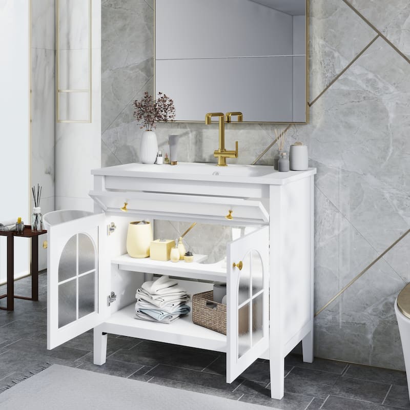 35.6-Inch Mid-Century Bathroom Vanity Sink with Patterned Glass & Motion-Sensor Light, Farmhouse Storage Vanity