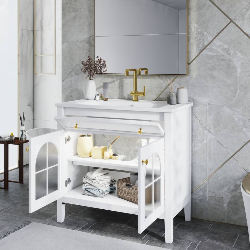 Modern Single Sink Bathroom Vanity Cabinet with Motion-sensor Light Strip & Patterned Glass, Ceramic Integrated Basin