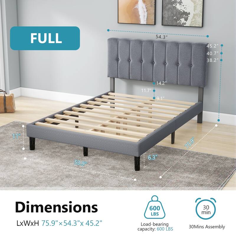 Full Size Platform Bed Frame with Fabric Upholstered Headboard and Wooden Slats Support, No Box Spring Needed/Easy Assembly