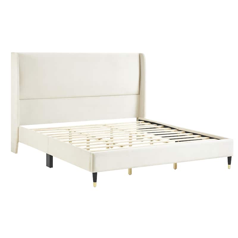 Queen Upholstered Platform Bed in Velvet with Wingback Headboard and Gold-Tipped Legs, Modern Low-Profile Design
