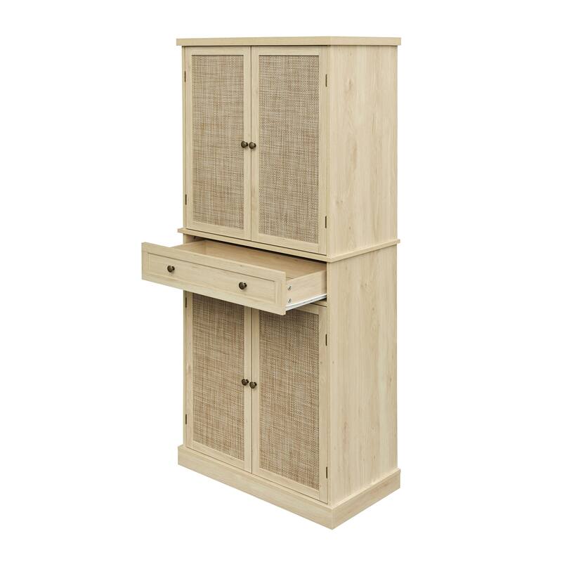 Pantry Cabinet with 4 Rattan Doors & 1 Drawer, Buffet Cabinet with Adjustable Shelves, Freestanding Wooden Storage Cabinet