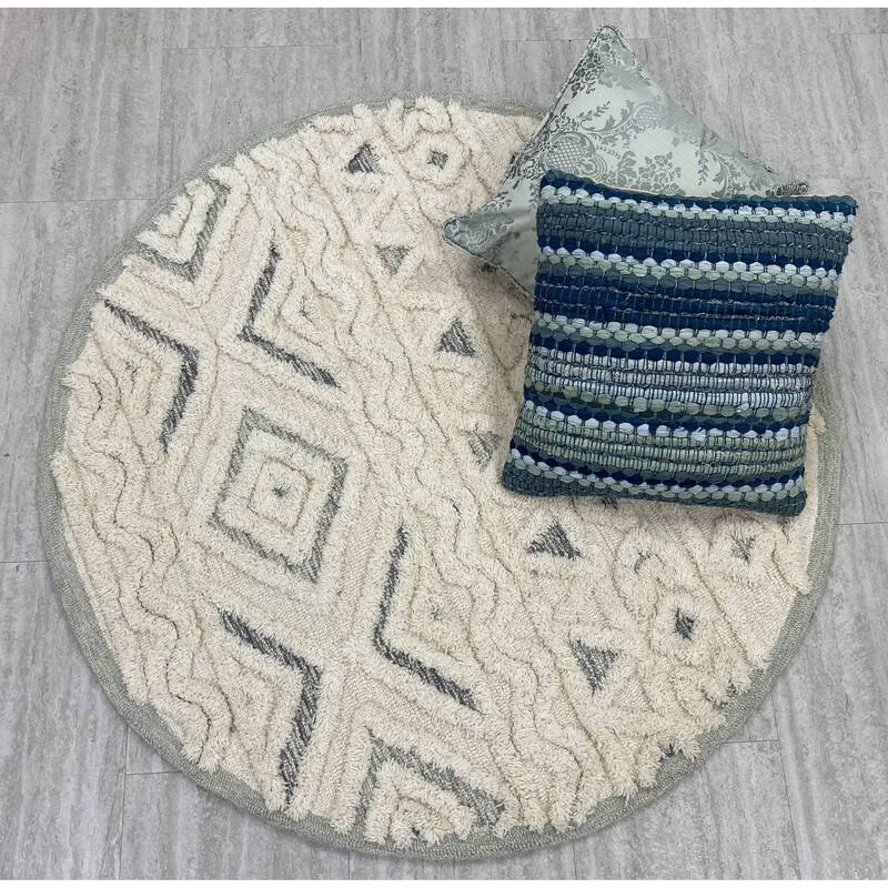 Sevita Contemporary Tufted Geometric Motif Round Rug - 4' Round - Cream/Light Blue/Grey