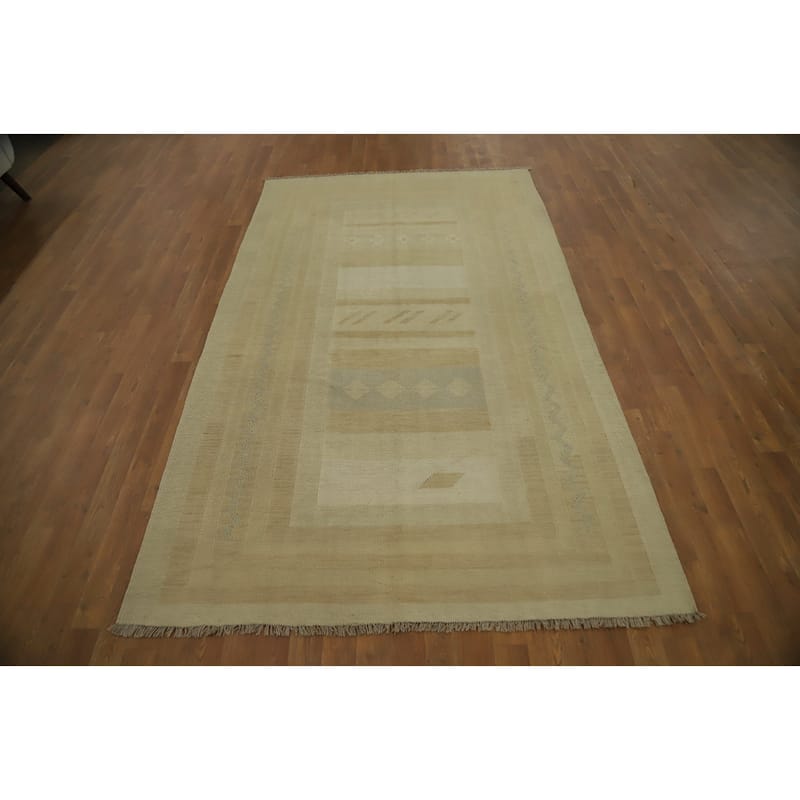 Hand Woven Oriental 100% Wool Carpet Southwestern Tribal Beige & Ivories Kilim Area Rug - 8' 2'' X 4' 10''