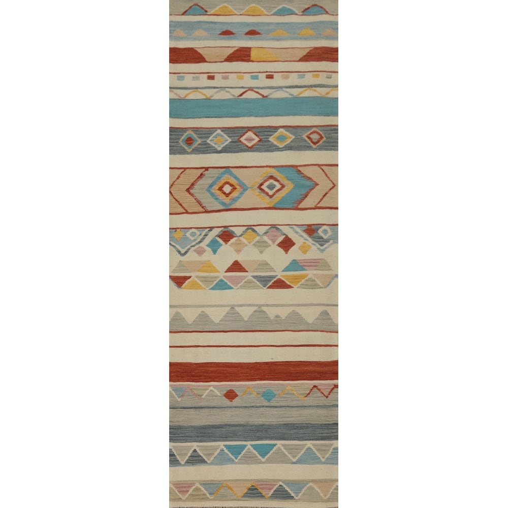 Hand Woven Oriental 100% Wool Carpet Southwestern Tribal Multi-Colored Kilim Runner Rug - 9' 4'' X 2' 5''