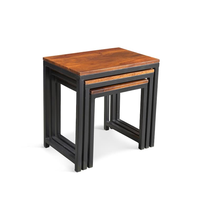 Handmade Reclaimed Seesham Wood and Iron Nesting Table, Set of 3 (India) - Largest table: 21.75"W x 15.75"D x 24"H
