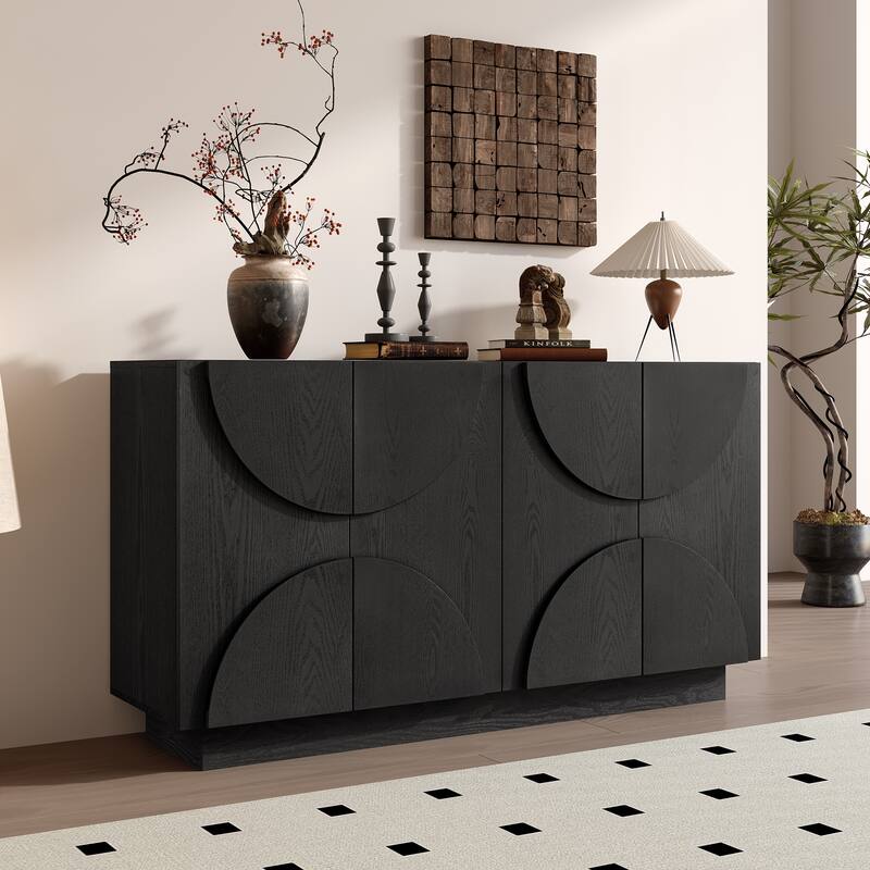 4-Door Large Storage Sideboard, Wood Sideboard Cabinet with Semi-Circular Handles and Adjustable Shelves - Black