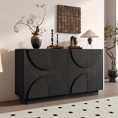 4-Door Large Storage Sideboard, Wood Sideboard Cabinet with Semi-Circular Handles and Adjustable Shelves