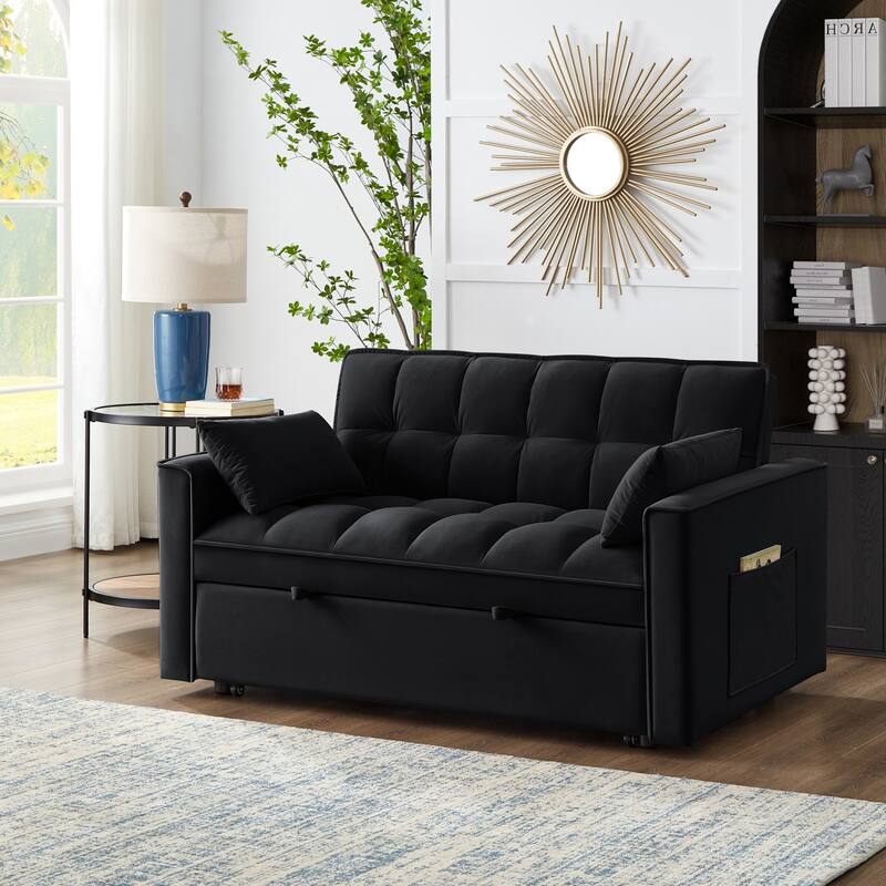 Tufted Loveseat with Pull-Out Bed, Armrests & Storage - Space-Saving Velvet Sofa