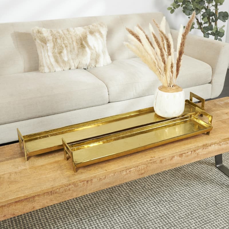 Aluminum Metal Nesting Living Room Decor Tray with Black or Gold Metal Handles - Set of 2 Black or Brass - Roche River Decor