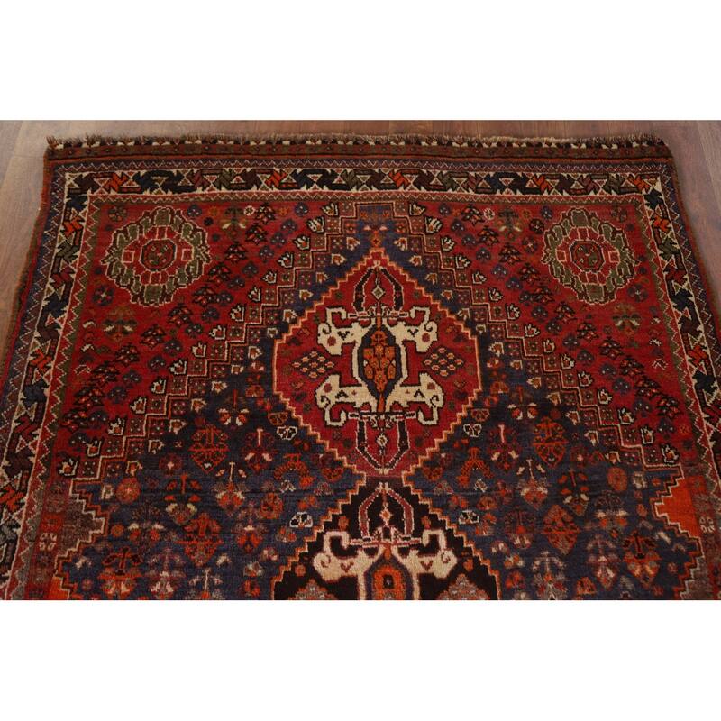 Hand Knotted Oriental 100% Wool Carpet Traditional Tribal Navy Blue & Blues Shiraz Area Rug - 5' 4'' X 3' 8''