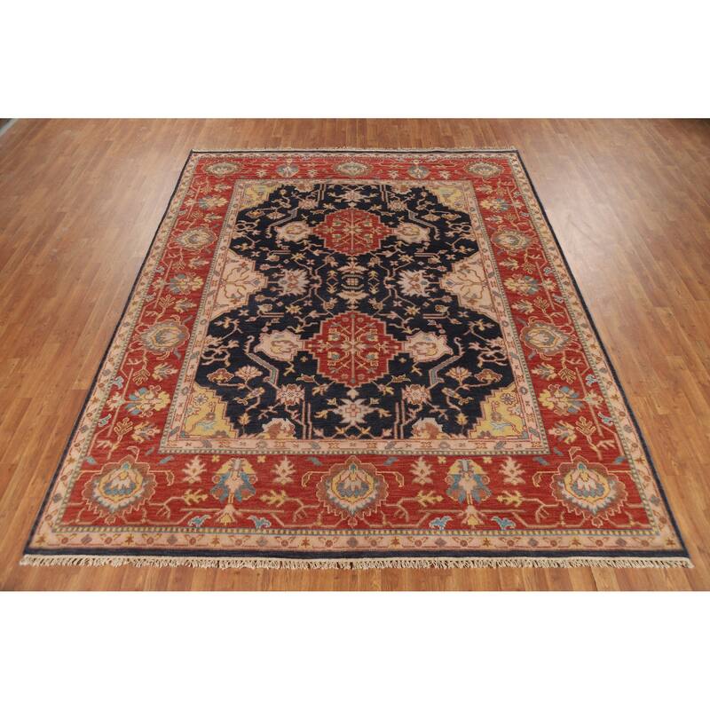 Navy Blue Orange Oushak Indian Area Rug Hand-Knotted Wool Carpet - 8'1" x 9'11"