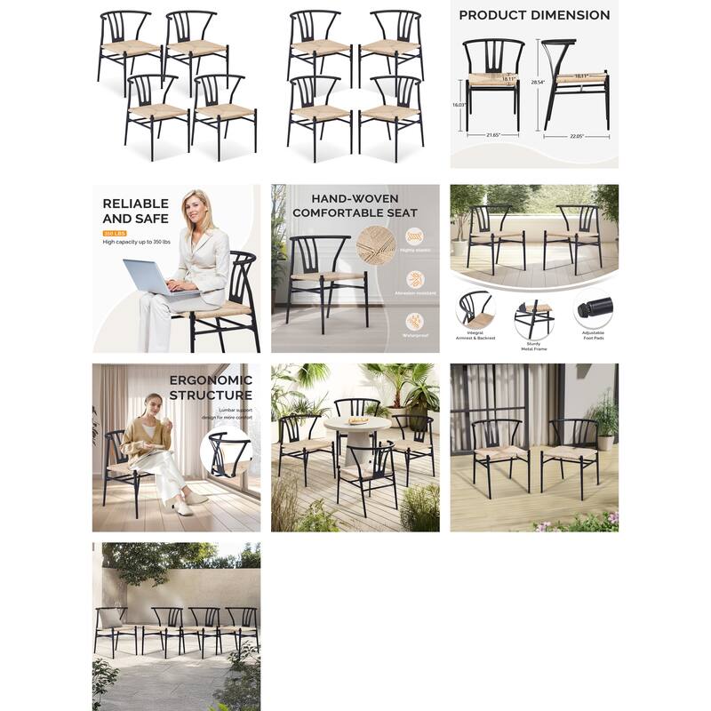 Set of 4 Hand-Woven Rope Dining Chairs with Metal Frame and Curved Back Ergonomic Design - 23” x 18.3” x 31.5”