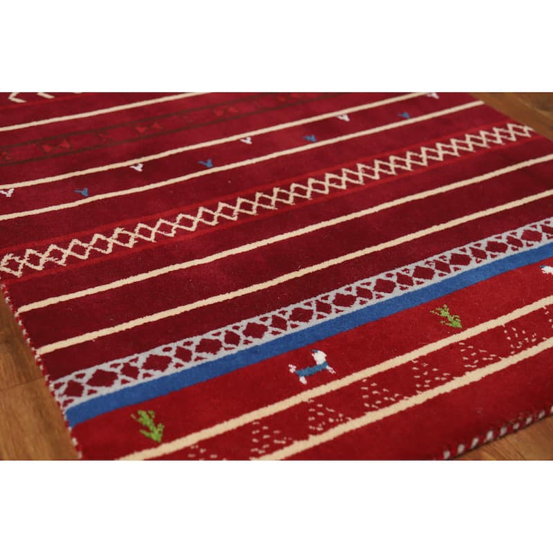 Striped Red Gabbeh Indian Runner Rug Hand-Knotted Wool Carpet - 2'7" x 7'8" - 2'7" x 7'8" - Red