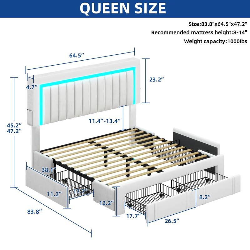 Moasis Velvet Upholstered Platform Bed, Bed Frame with Adjustable Headboard and 4 Storage Drawers