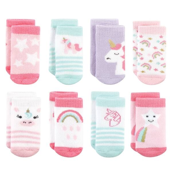 slide 1 of 1, Hudson Baby Infant Girl Cotton Rich Newborn and Terry Socks, Unicorn 8-Pack Multicolor Unicorn - 0-6 Months