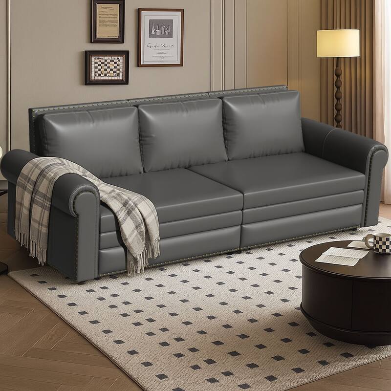 Classic Elegant Convertible Upholstered Sofa Sleeper Sofa with Pull Out Bed - Grey PU