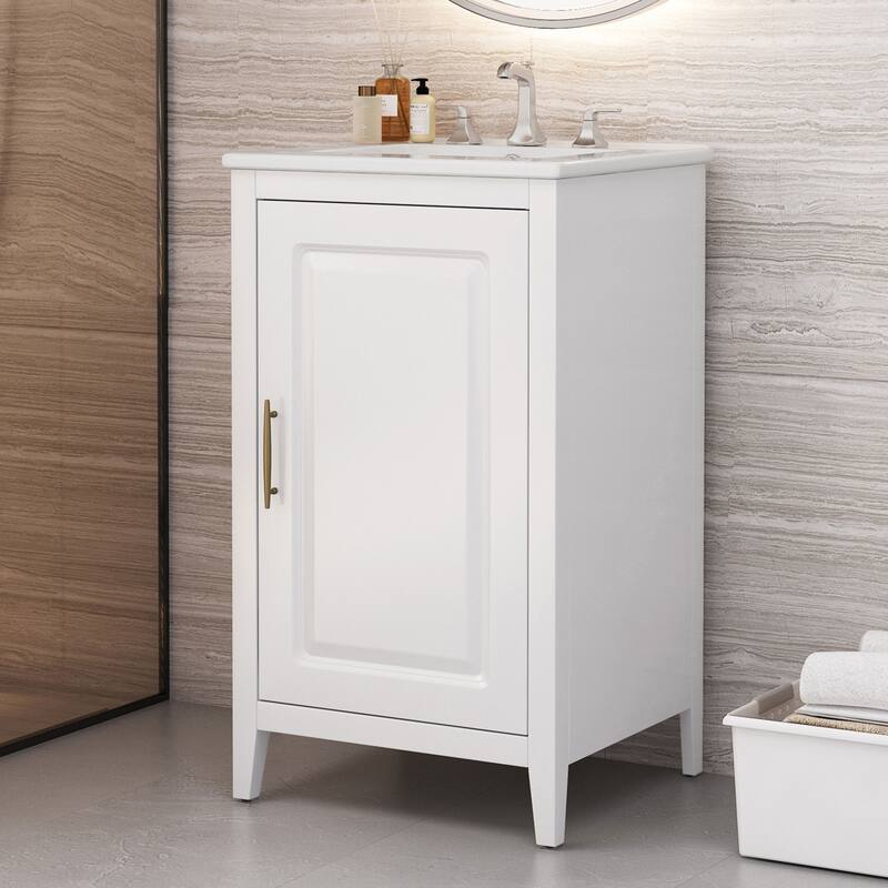 Compact 20-Inch Freestanding Bathroom Vanity with Sink, Storage Drawer, and Painted Finish, Grey - 20.3in L Acacia Wood,Ceramic+MDF - 20.3in L White