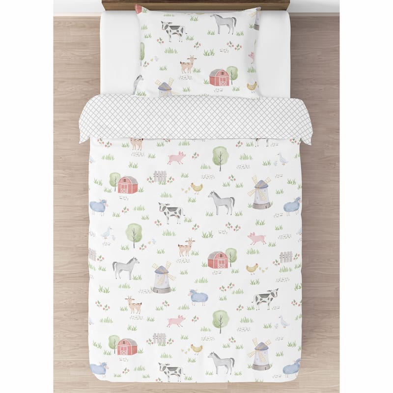Farm Animals Collection Boy or Girl 2-piece Twin-size Comforter Set - Watercolor Farmhouse Lattice Horse Cow Sheep Pig