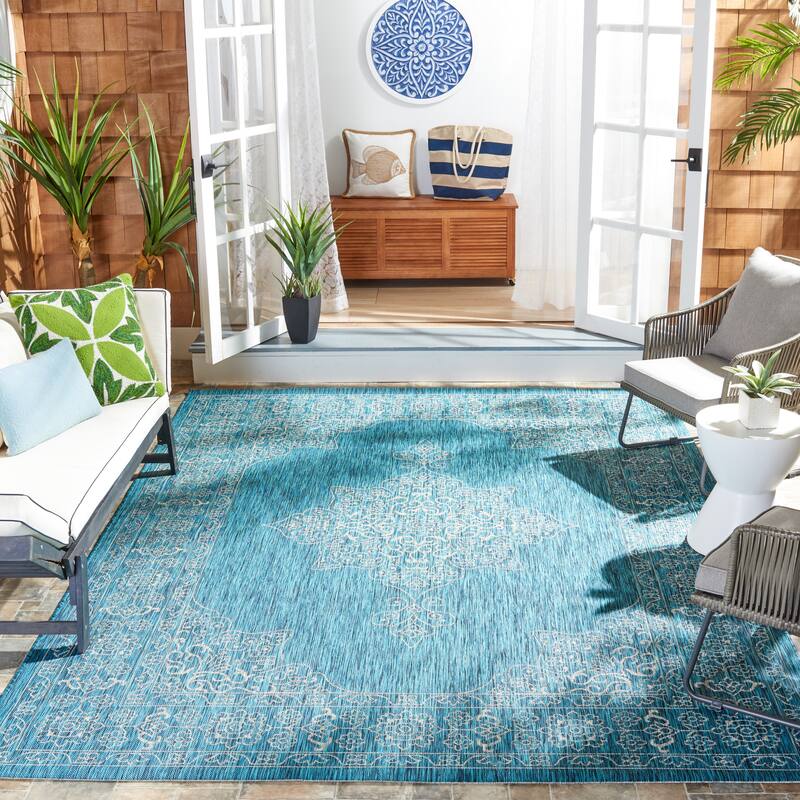 SAFAVIEH Courtyard Zikrija Indoor/ Outdoor Waterproof Patio Backyard Rug - 9' x 12' - Teal/Ivory