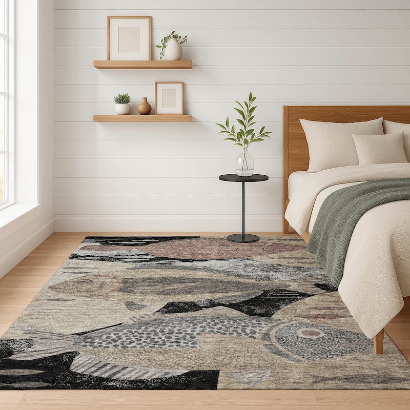 Machine Washable Indoor/ Outdoor Modern Fish Chantille Rug