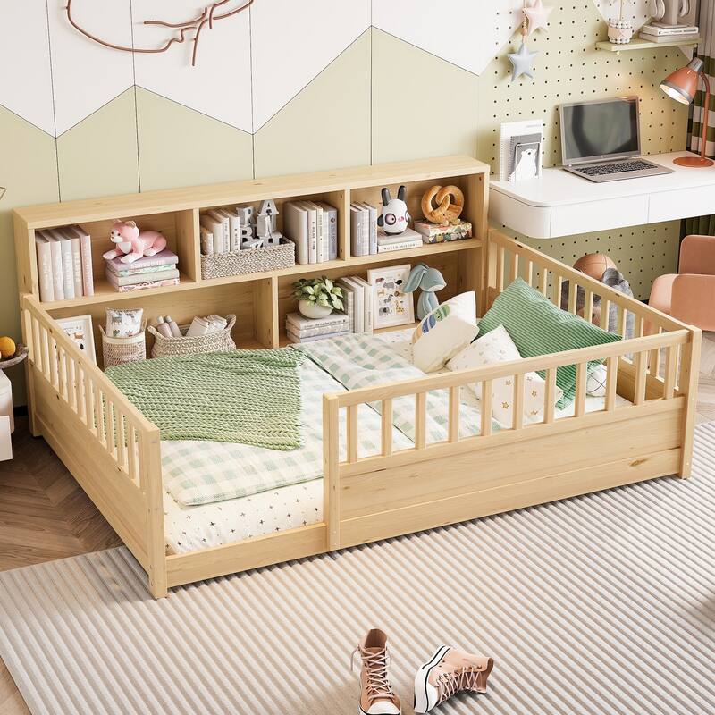 Wooden Floor Bed Frame with Fence Guardrail & Side Storage, Low Profile Kids Bed (Full/Twin)