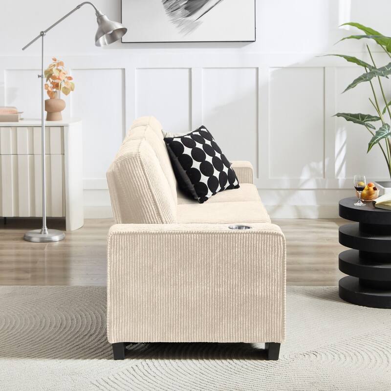 83.86" Corduroy Fabric 3-Seater Sofa with Cup Holders
