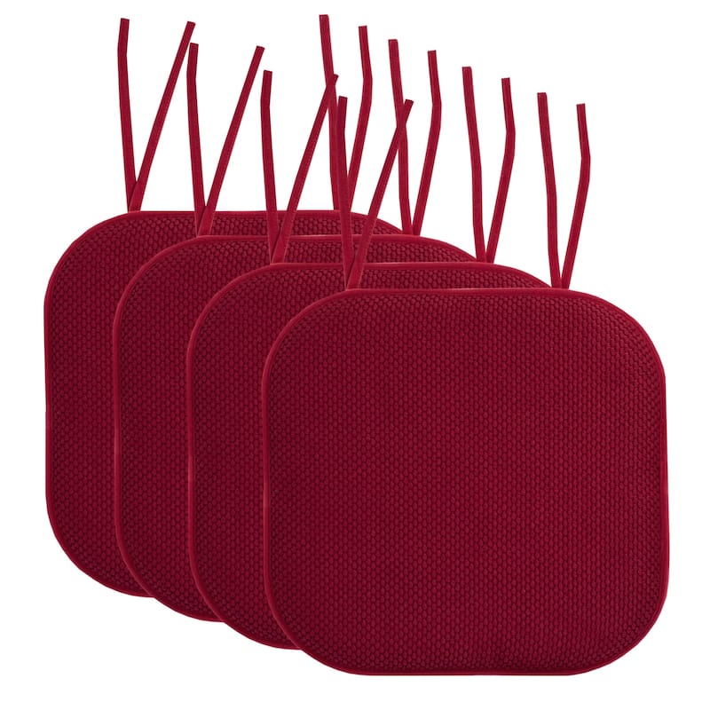 Sweet Home Collection Honeycomb Memory Foam Non Slip Chair Cushion Pad with Ties 16" x 16" - Set of 4 - Wine