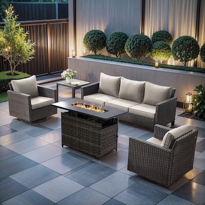 Pocassy Sofa Set with Grey Wicker Fire Table - Brown Wicker Sofa Chair w/ Grey Wicker Fire Table