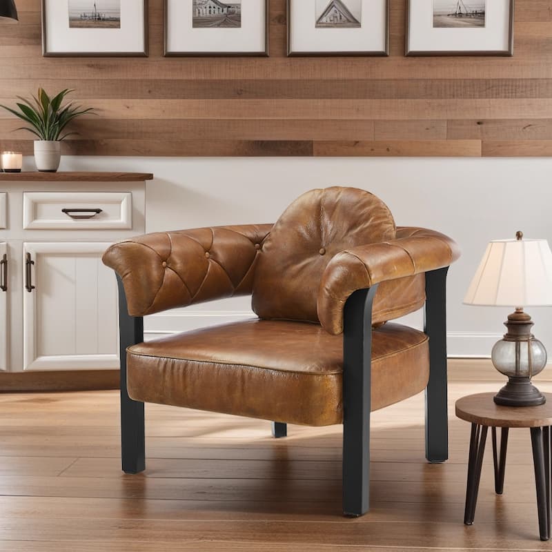 Art Leon Mid-century Top Grain Leather and Wood Accent Chair