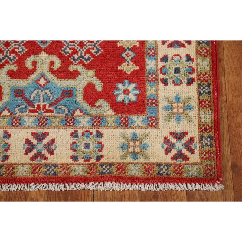 Red Geometric Kazak Foyer Rug Hand-Knotted Traditional Wool Carpet - 2'0" x 3'0"