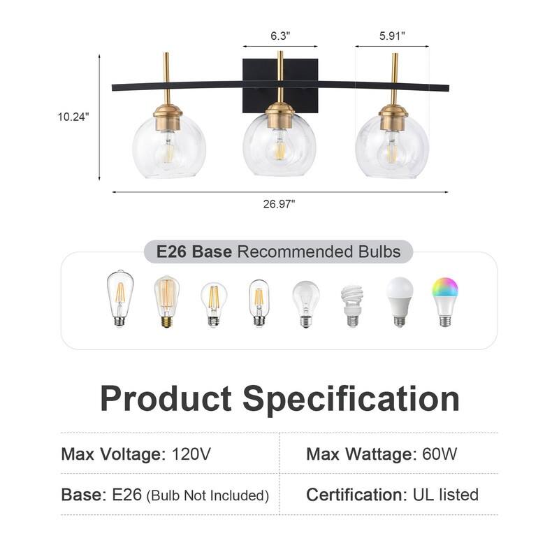 3 Light Industrial Vanity Light Matte Black with Antique Copper Accents Clear Tube Glass Shades