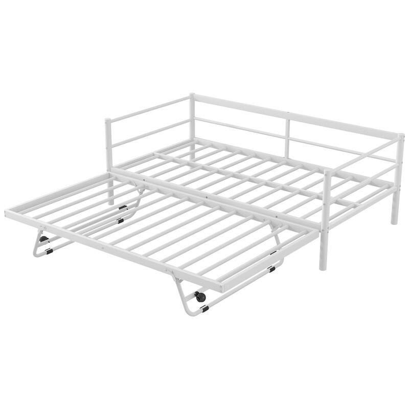 Twin Size Metal Daybed with LED and Adjustable Trundle, Pop Up Trundle, White