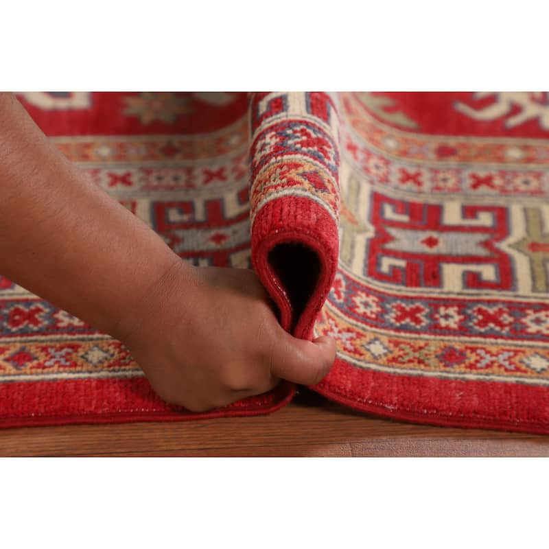 Oriental Red Geometric Kazak Area Rug Hand-Knotted Wool Carpet - 6'5" x 9'8"