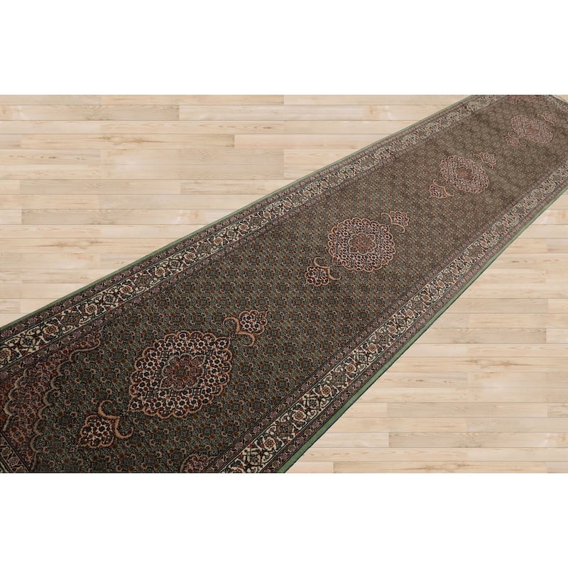 2'9''x13 Runner Hand Knotted Wool Green Traditional 300 KPSI Rug - 2' 9'' x 13'