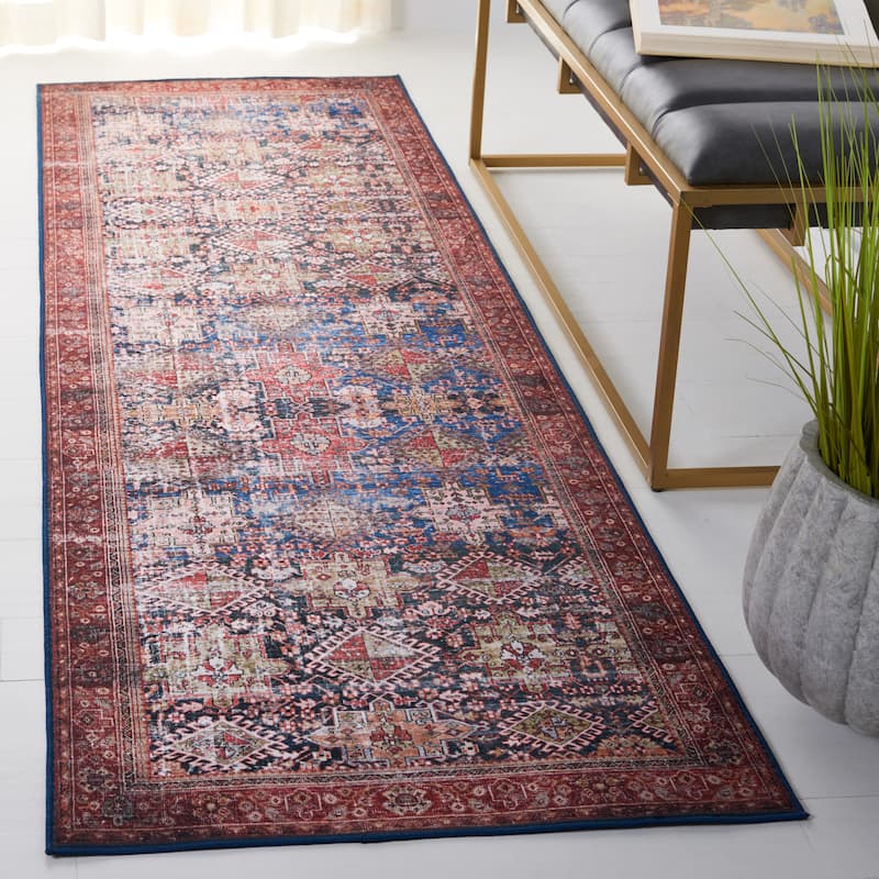 SAFAVIEH, Tucson Machine Washable Slip Resistant Jadwiga Traditional Rug - 2'6" x 18' Runner - Navy/Rust