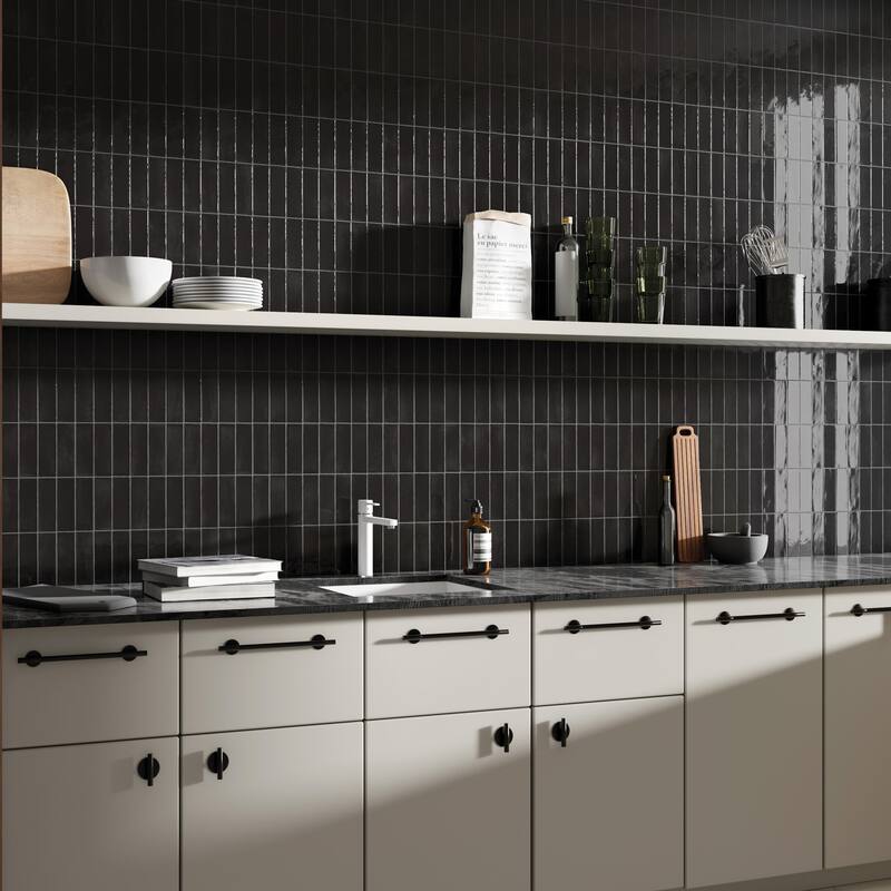 Merola Tile Coco Glossy Black Hat 2" x 5-7/8" Porcelain Wall Tile - Case (66 Tiles)