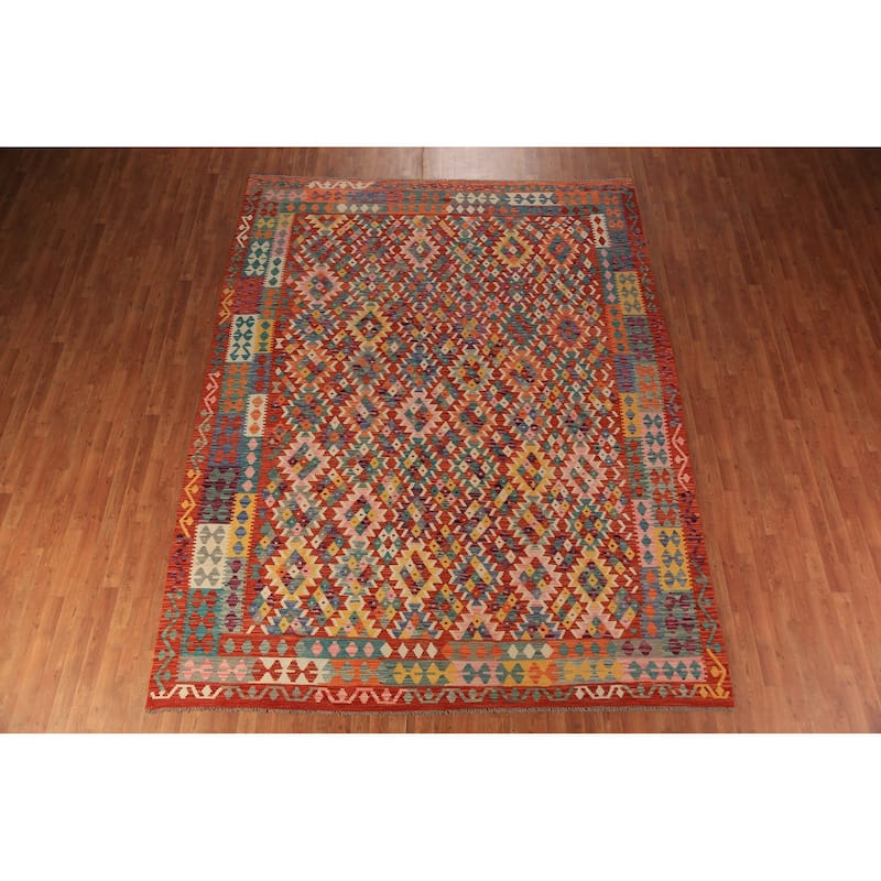 Tribal Orange Kilim Oriental Area Rug Hand-Woven Wool Carpet - 8'9"x 11'6"