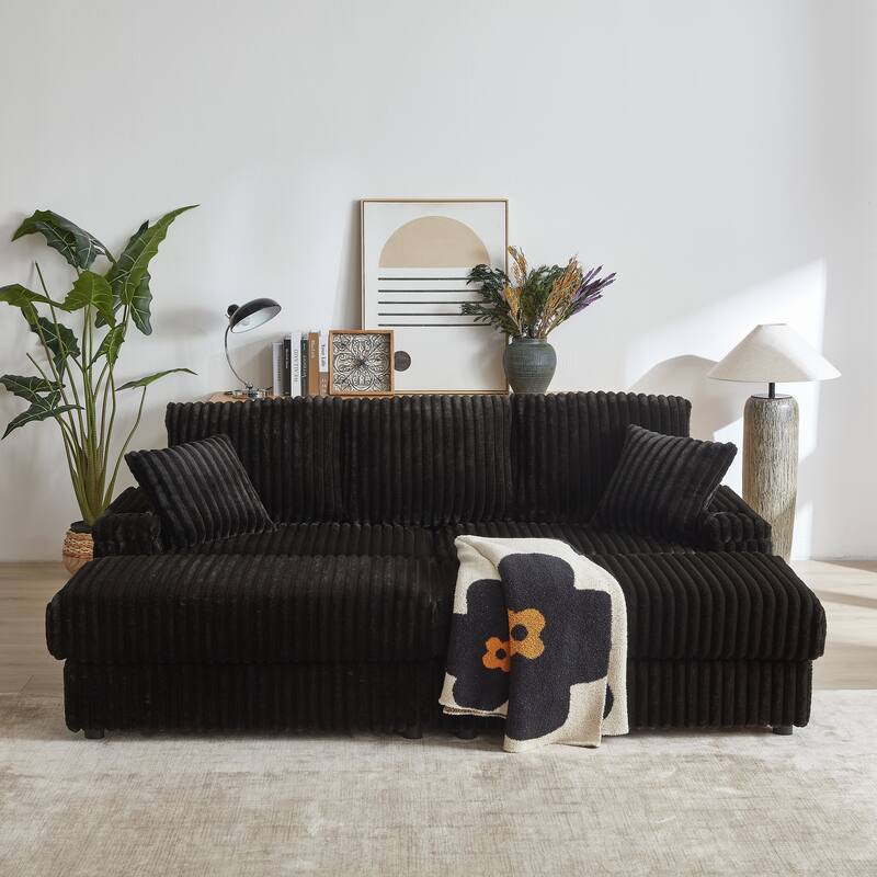 Roomfitters 84" Corduroy 3-Seater Sofa, Deep Seat Couch with 2 Ottomans, Storage, Cup Holders, 3 Back and 2 Toss Pillows